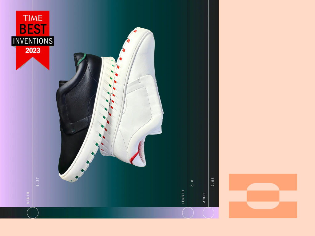 Close-up of IAMBIC MODEL T leather sneaker with AI-tailored, sizeless custom-fit last for executives