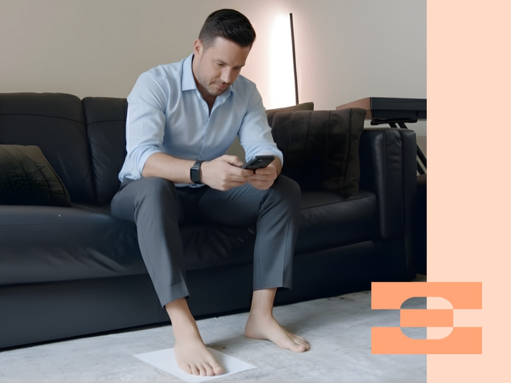 Executive using smartphone to complete IAMBIC 3D foot scan at home, preparing for precision-fit custom shoes.