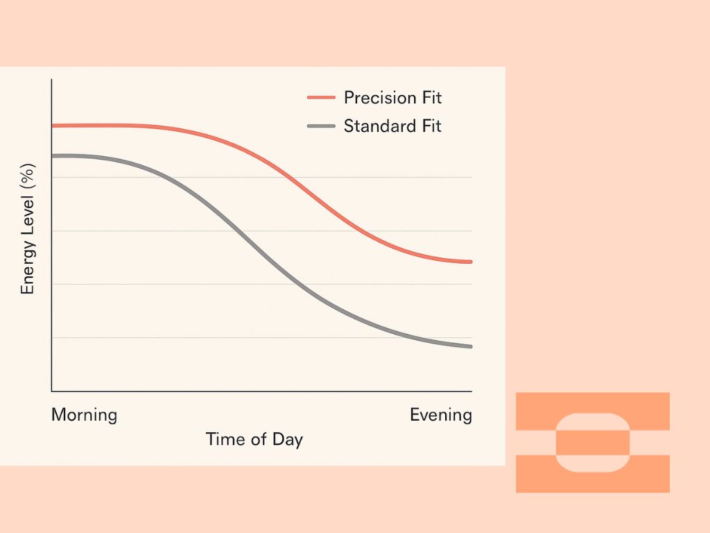 Graph showing energy retention throughout the day comparing standard shoes vs IAMBIC precision-fit footwear