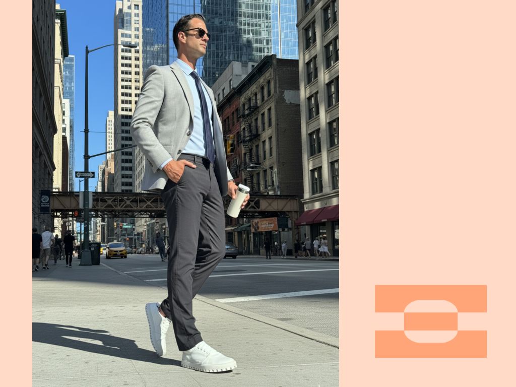 Professional executive wearing IAMBIC MODEL T precision-fit white leather shoes, styled for all-day comfort and modern business travel.