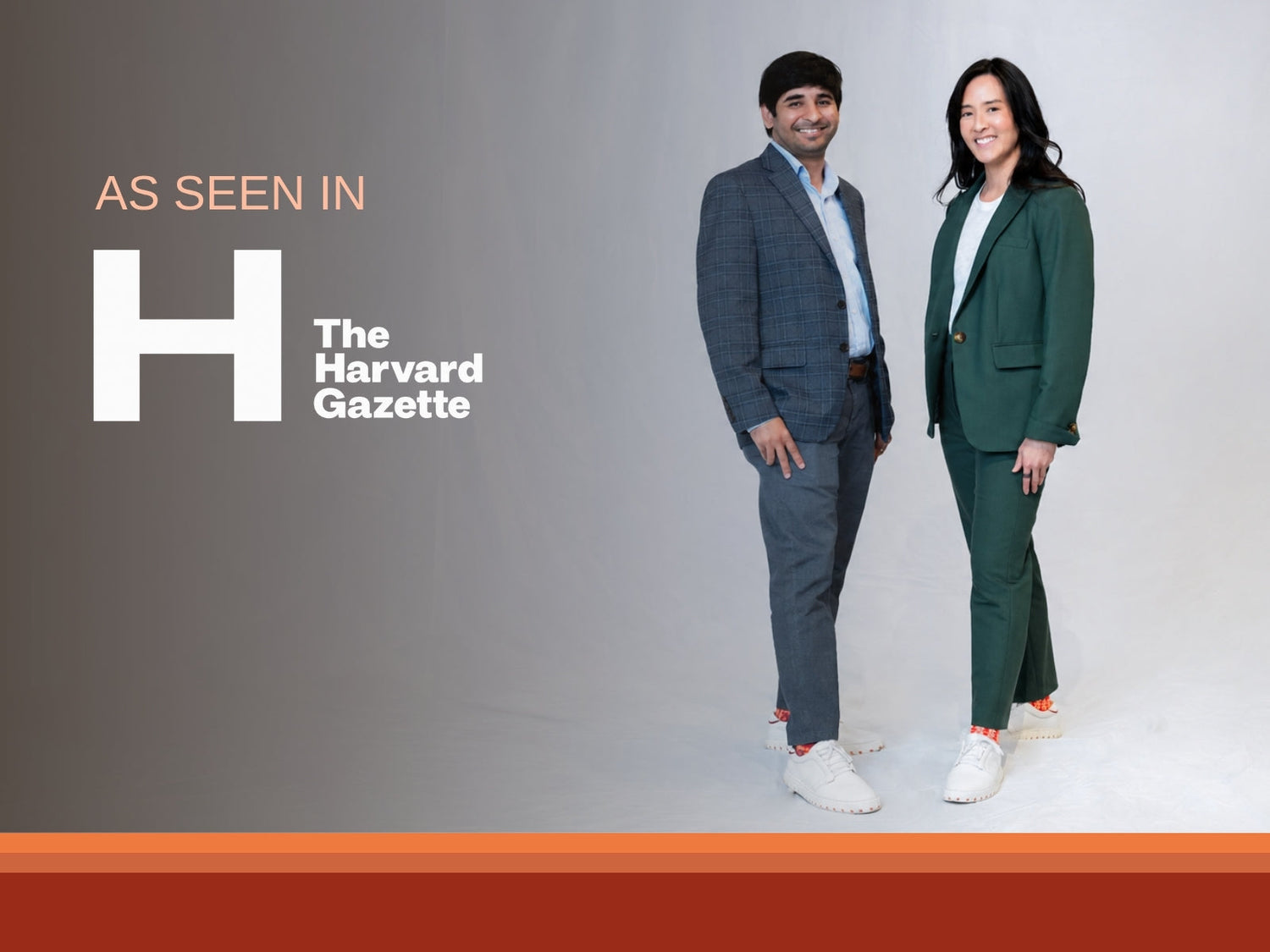 IAMBIC co-founders in white MODEL T precision-fit shoes, featured by The Harvard Gazette