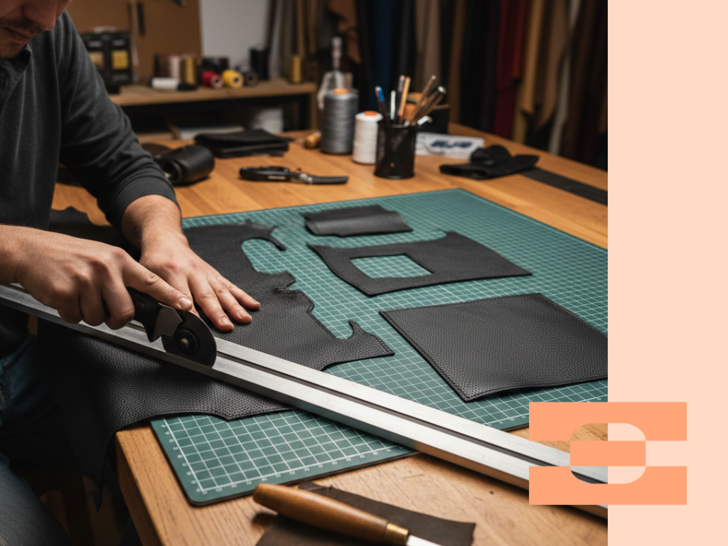 Craftsperson cutting full-grain leather panels in a workshop, showing material precision used in high-performance footwear