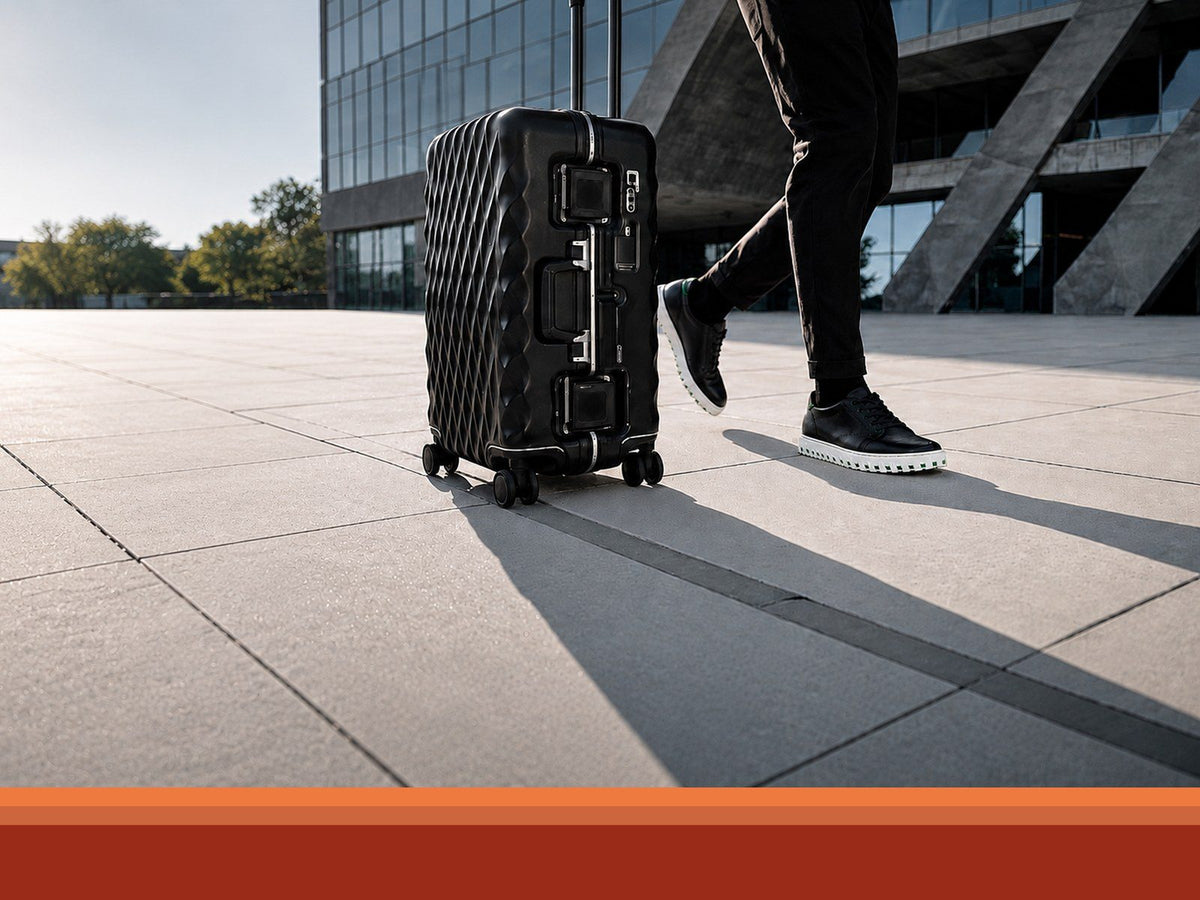 Black IAMBIC MODEL T business travel shoe mid-stride beside a carry-on suitcase on a sunlit plaza
