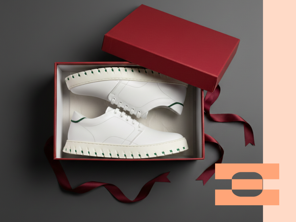 Top-down cover image of white IAMBIC MODEL T shoes in a red gift box with ribbon, highlighting precision-fit footwear and gifting