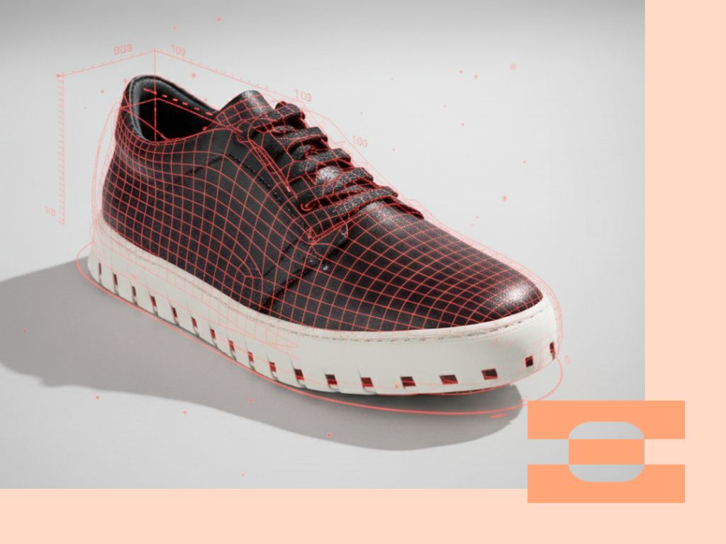 Black IAMBIC MODEL T shoe on a light background with a red fit-data grid overlay illustrating precision design.