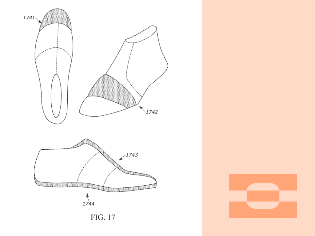 Patent technical illustration of a shoe last and upper components showing the geometric foundation used to shape precision-fit footwear.