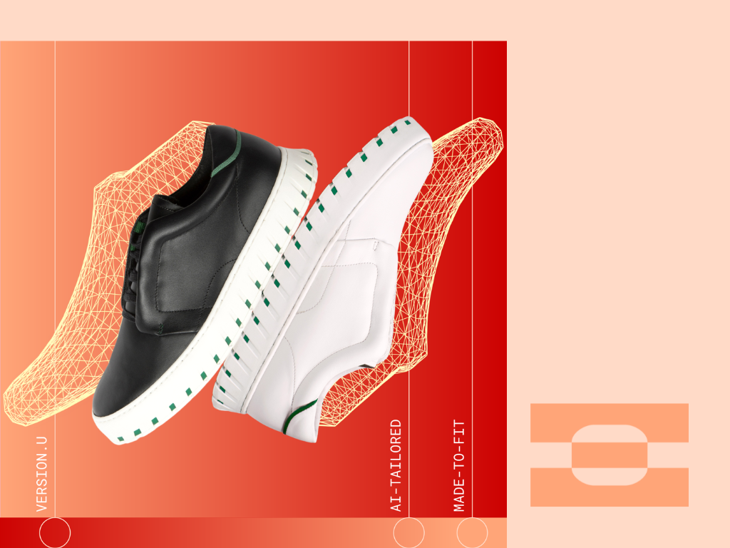 IAMBIC AI-tailored, made-to-fit shoes shown over a digital wireframe last.