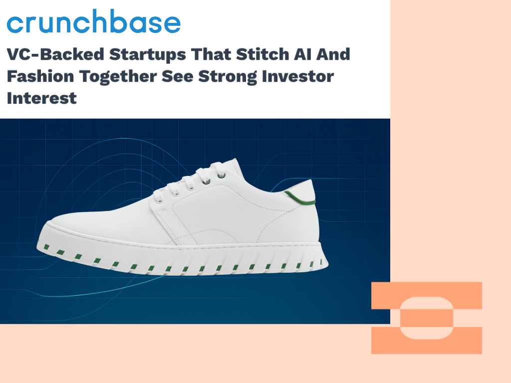 Crunchbase headline on AI and fashion with an IAMBIC precision fit white shoe on a blue technical grid.