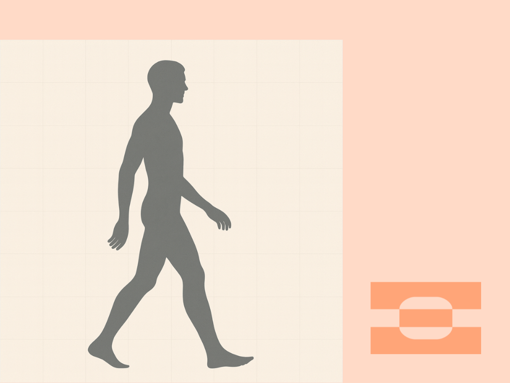 Side profile silhouette of a man walking on a light grid, illustrating body alignment and bespoke comfort.