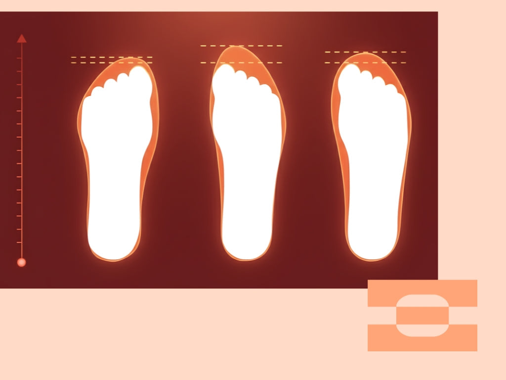Illustration showing different foot shapes and width variations, highlighting how standard E-width sizing fails to account for forefoot width, instep height, and overall foot geometry.