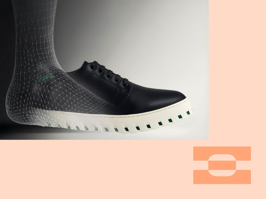 “IAMBIC MODEL T precision-fit shoe visualized with 3D foot scan, showcasing AI technology and custom-fit innovation.