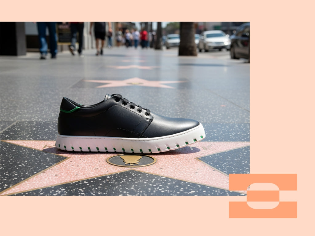 “IAMBIC MODEL T precision-fit shoe photographed on the Hollywood Walk of Fame, highlighting luxury craftsmanship and cultural presence