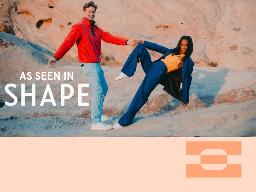 Models wearing IAMBIC MODEL T precision-fit shoes featured in Shape Magazine, showcasing comfort, movement, and modern style.