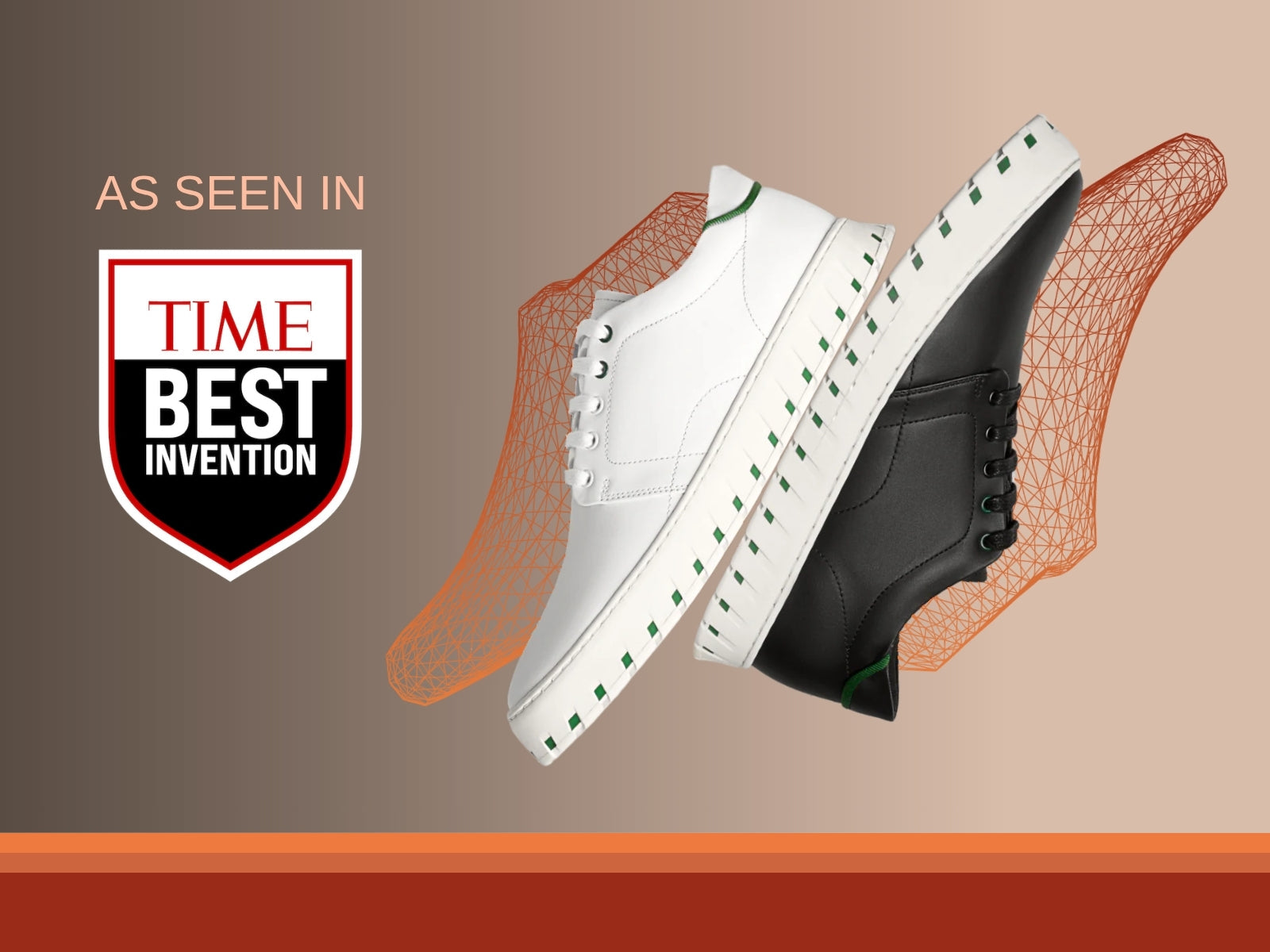 White and black IAMBIC MODEL T precision-fit shoes on wireframe lasts with the TIME Best Invention seal