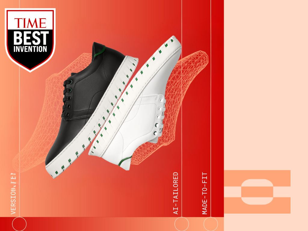 Black and white IAMBIC MODEL T shoes on a red graphic with TIME Best Invention badge and made-to-fit, AI-tailored text.