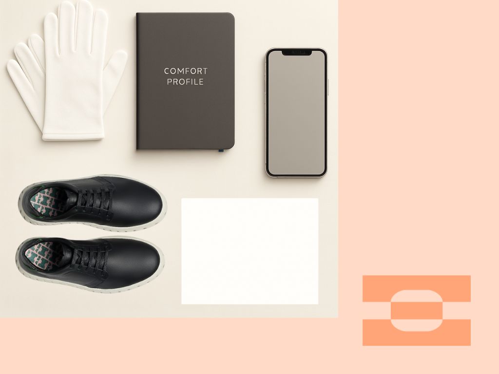 IAMBIC White Glove Precision Fit essentials featuring MODEL T shoes, comfort profile kit, gloves, and smartphone for VIP guided 3D foot scan in NYC or virtual.