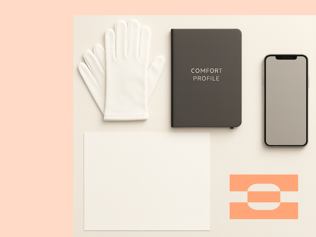 Hero image for IAMBIC White Glove Precision Fit in NYC or virtual, with gloves, Comfort Profile notebook, phone, and letter size paper.