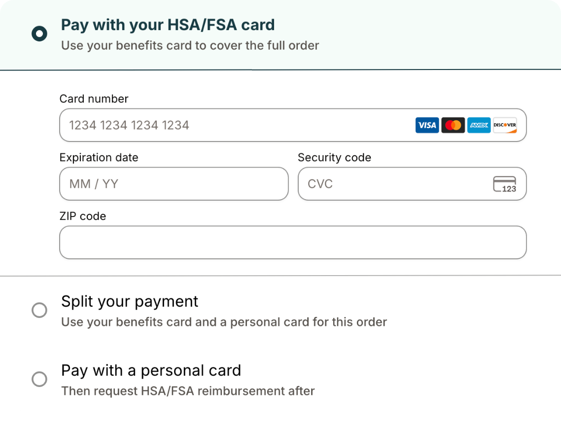 Truemed payment page with HSA/FSA card fields